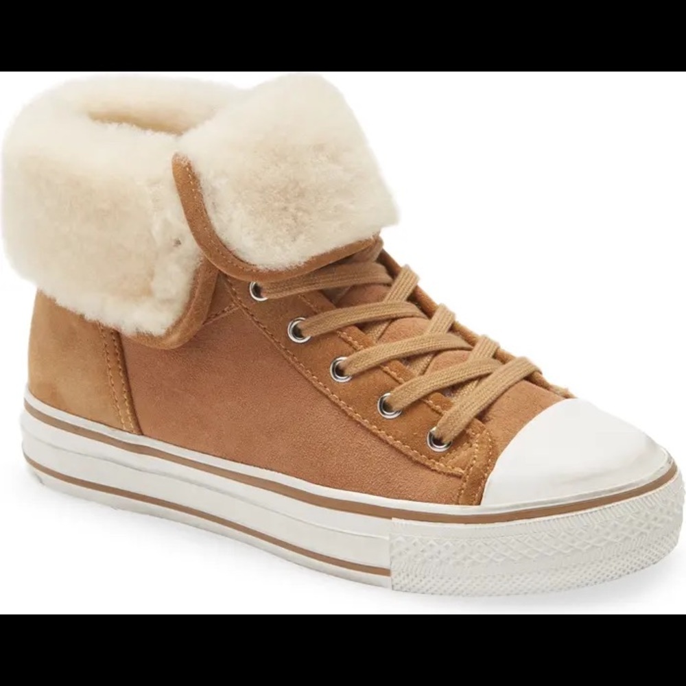 ASH Vim Lace-Up High Top Sneaker with Genuine Shearling Trim Camel Suede 36/6 US
